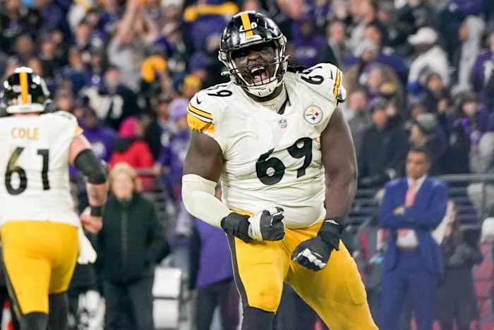 Jan 1, 2023; Baltimore, Maryland, USA; Pittsburgh Steelers guard Kevin Dotson (69) reacts after the team scores a touchdown against the Baltimore Ravens during the second half at M&T Bank Stadium. Mandatory Credit: Jessica Rapfogel-USA TODAY Sports